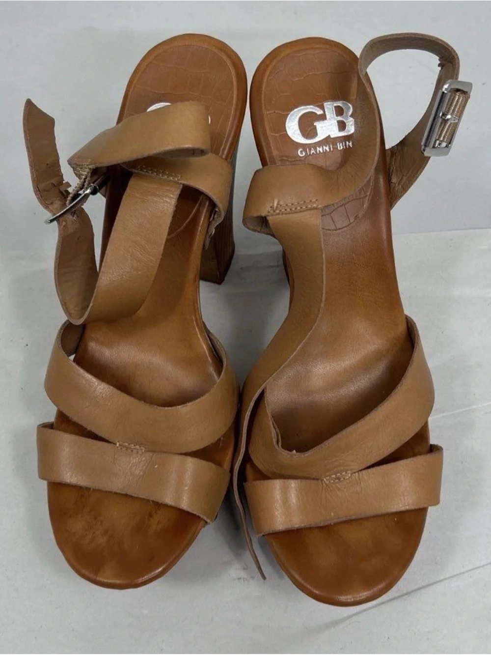 Gianni Bini Tan Leather Platform Ankle-Strap Sandals